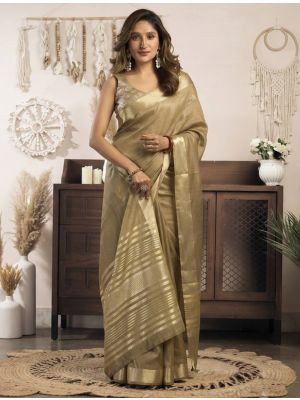 Antique Gold Khadi Cotton Saree With Zari