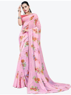 Baby Pink Printed Lace Bordered Chiffon Designer Saree small FABSA21017