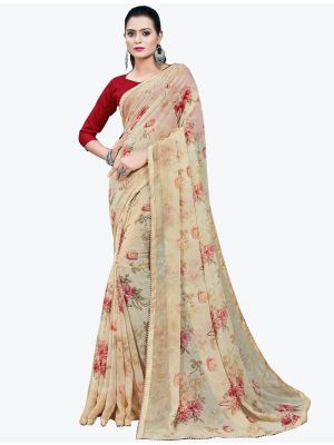 Beige Printed Lace Bordered Chiffon Designer Saree small FABSA21012