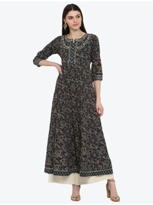black pure cotton printed and embroidered long kurti fabku20324