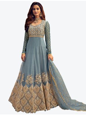 Bluish Grey Butterfly Net Semi Stitched Anarkali Floor Length Suit with Dupatta small FABSL20427