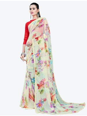 Cream Printed Lace Bordered Chiffon Designer Saree FABSA21018