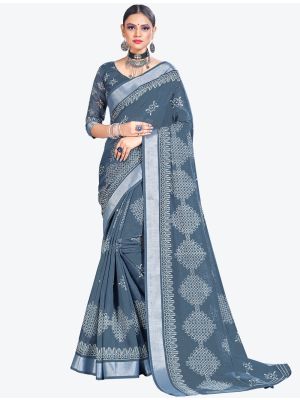 Grey Printed Cotton Silk Designer Saree small FABSA20992