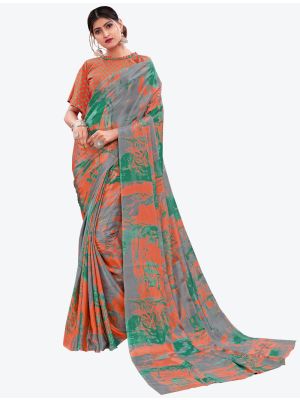 Grey Printed Crepe Designer Saree small FABSA21007