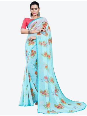 Ice Blue Printed Lace Bordered Chiffon Designer Saree small FABSA21015