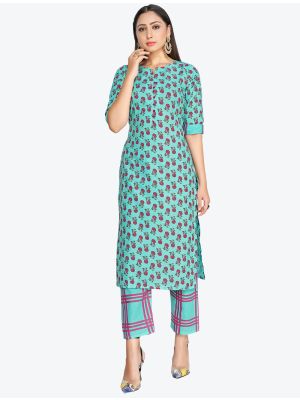 light turquoise pure rayon kurti with pant fabku20319
