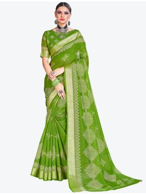 Mehendi Green Printed Cotton Silk Designer Saree small FABSA20993