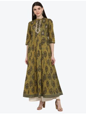 mehendi green pure cotton printed and embroidered long kurti fabku20322