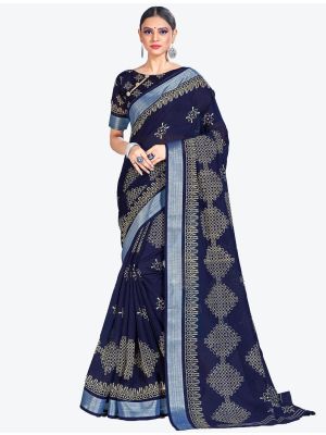 Navy Blue Printed Cotton Silk Designer Saree FABSA20991