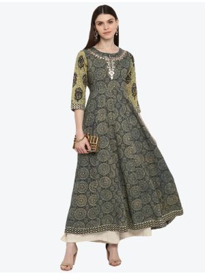 navy blue pure cotton printed and embroidered long kurti fabku20321