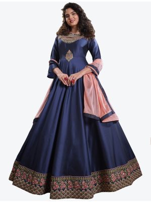 navy blue triva silk thread embroidered ready to wear designer gown with dupatta fabgo20083