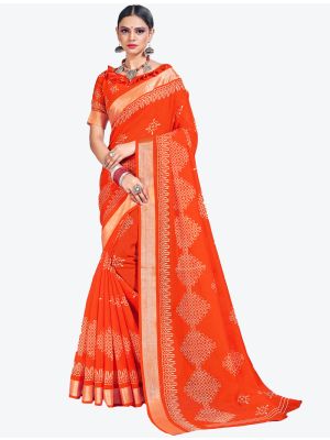 Orange Printed Cotton Silk Designer Saree small FABSA20998