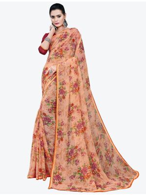 Peach Printed Lace Bordered Chiffon Designer Saree small FABSA21016