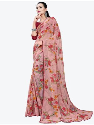 Pink Printed Lace Bordered Chiffon Designer Saree small FABSA21009