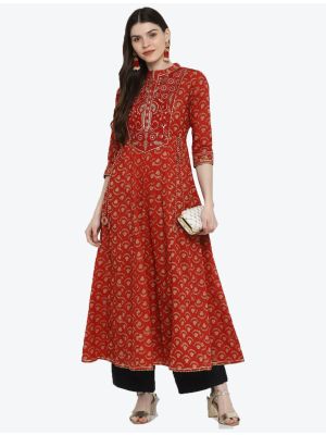 red pure cotton printed and embroidered long kurti fabku20325