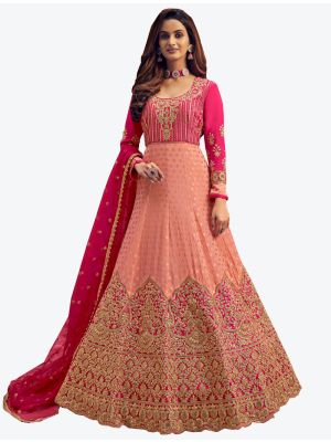 Salmon Viscose Jacquard Semi Stitched Anarkali Floor Length Suit with Dupatta thumbnail FABSL20429