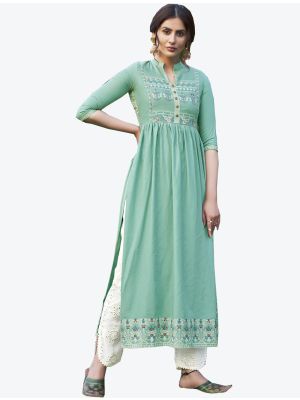 sea green fine rayon kurti with pant fabku20309