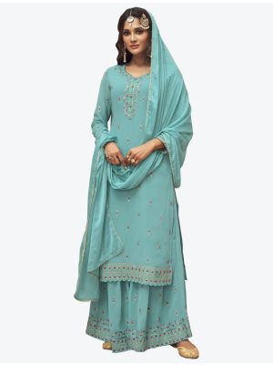 Sky Blue Embroidered Pure Georgette Straight Suit with Dupatta small FABSL20444