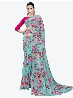 Sky Blue Printed Lace Bordered Chiffon Designer Saree small FABSA21013