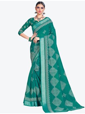 Teal Printed Cotton Silk Designer Saree small FABSA20994