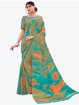 Turquoise Printed Crepe Designer Saree FABSA21006