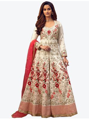 White Silk Semi Stitched Anarkali Floor Length Suit with Dupatta small FABSL20425