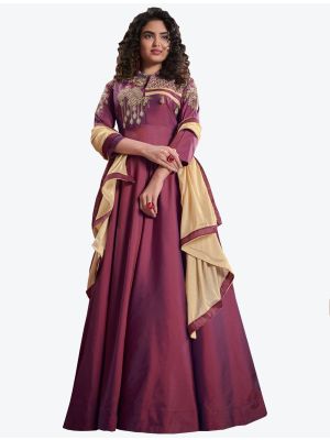 wine triva silk thread embroidered ready to wear designer gown with dupatta fabgo20084