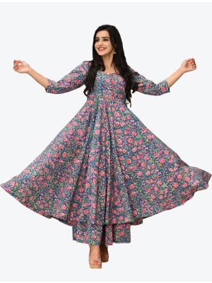 blue maslin digital printed kurti with palazzo fabku20334