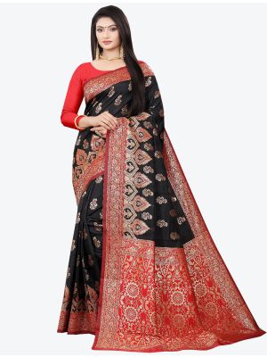 Jet Black Woven Soft Litchi Silk Designer Saree small FABSA21025