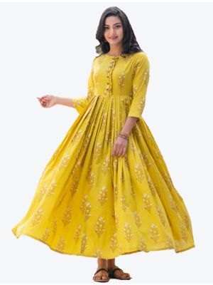 lemon yellow maslin silk digital printed long kurti fabku20330
