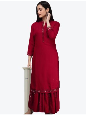 maroon rayon mirror work kurti with palazzo fabku20345