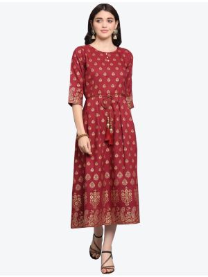 maroon ruby cotton foil printed long kurti fabku20328