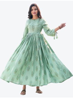 moss green maslin silk digital printed long kurti fabku20331
