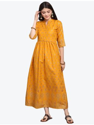 mustard ruby cotton foil printed long kurti fabku20327