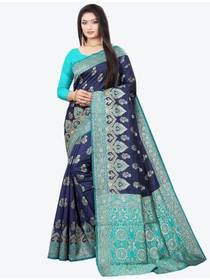 Navy Blue Woven Soft Litchi Silk Designer Saree small FABSA21027