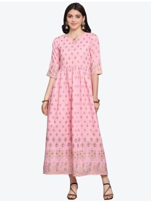 pink ruby cotton foil printed long kurti fabku20326