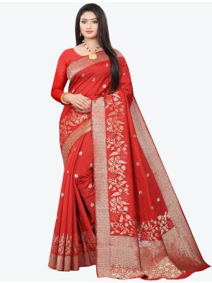 Red Woven Soft Art Silk Designer Saree small FABSA21019