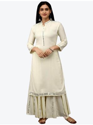 white rayon mirror work kurti with palazzo fabku20346