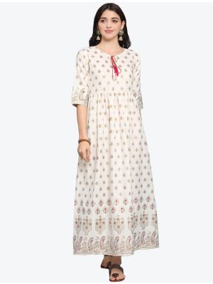 white ruby cotton foil printed long kurti fabku20329