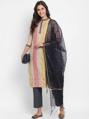 beige pure cotton kurti with pant and dupatta fabku20387