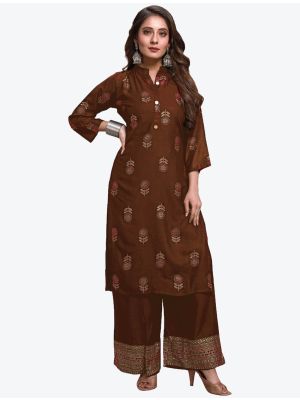 brown pure rayon foil printed kurti with palazzo fabku20350