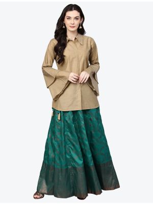 green chanderi metallic printed skirt and top swatch fabku20367