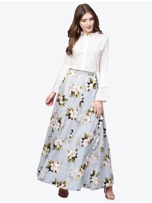 grey cotton floral printed skirt and top swatch fabku20365