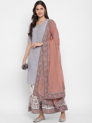 grey pure cotton kurti with palazzo and dupatta fabku20384