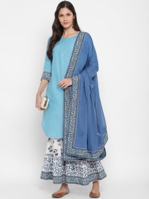 light blue pure cotton kurti with palazzo and dupatta fabku20386