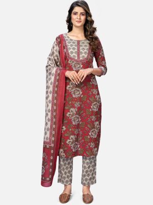 maroon pure cotton kurti with pant and dupatta fabku20390