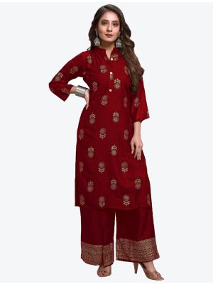 maroon pure rayon foil printed kurti with palazzo fabku20352
