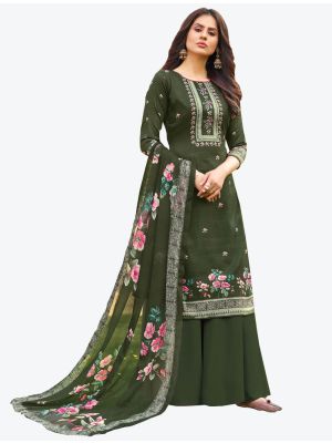 Mehendi Green Jam Cotton Hand Work Straight Suit with Dupatta small FABSL20471