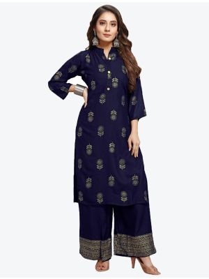 navy blue pure rayon foil printed kurti with palazzo fabku20349