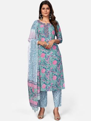 pastel blue pure cotton kurti with pant and dupatta fabku20389